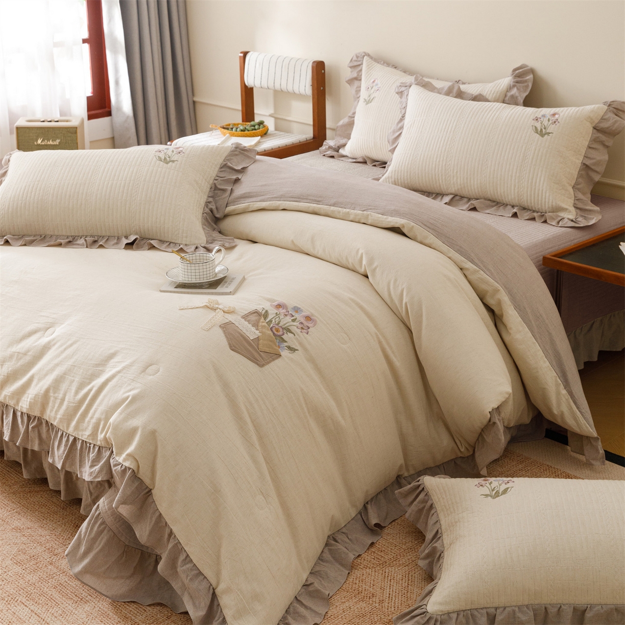 91家纺网 家纺一手货源 找家纺 瑞米家居 2026新款棉麻床盖夏被四件套-繁花 繁花-香芋紫