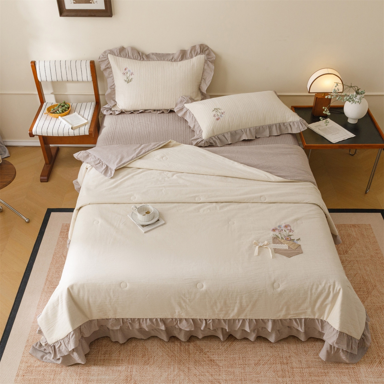 91家纺网 家纺一手货源 找家纺 瑞米家居 2026新款棉麻床盖夏被四件套-繁花 繁花-香芋紫