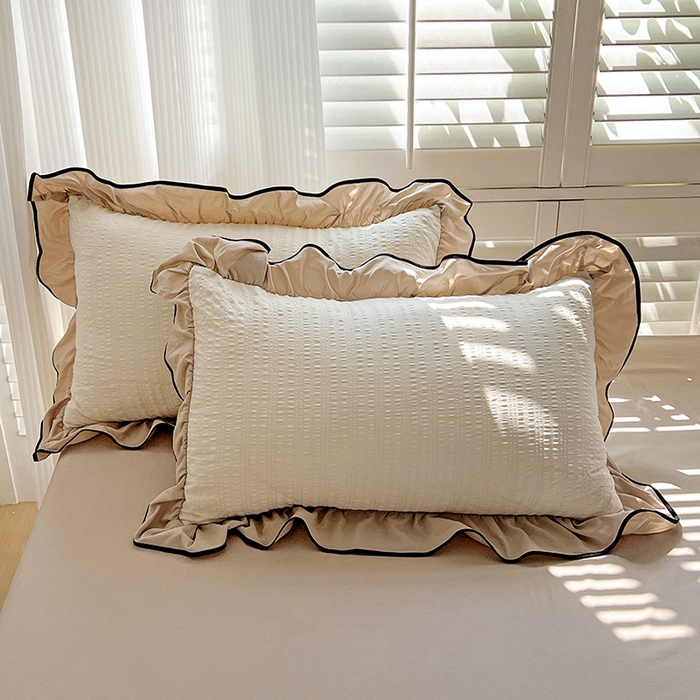 91家纺网 家纺一手货源 找家纺 仟网汇 2026新款赫本纯色泡泡纱花边款夏被夏凉被空调被四件套 奶白咖