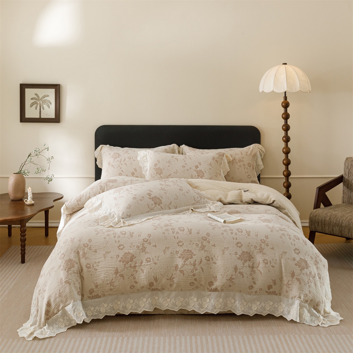 91家纺网 家纺一手货源 找家纺 （总）瑞米家居 2026新款A类棉麻提花花边款四件套-花蝶轻舞