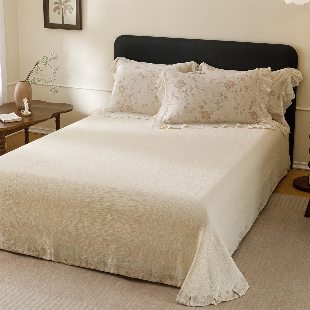 91家纺网 家纺一手货源 找家纺 （总）瑞米家居 2026新款A类棉麻提花花边款四件套-花蝶轻舞