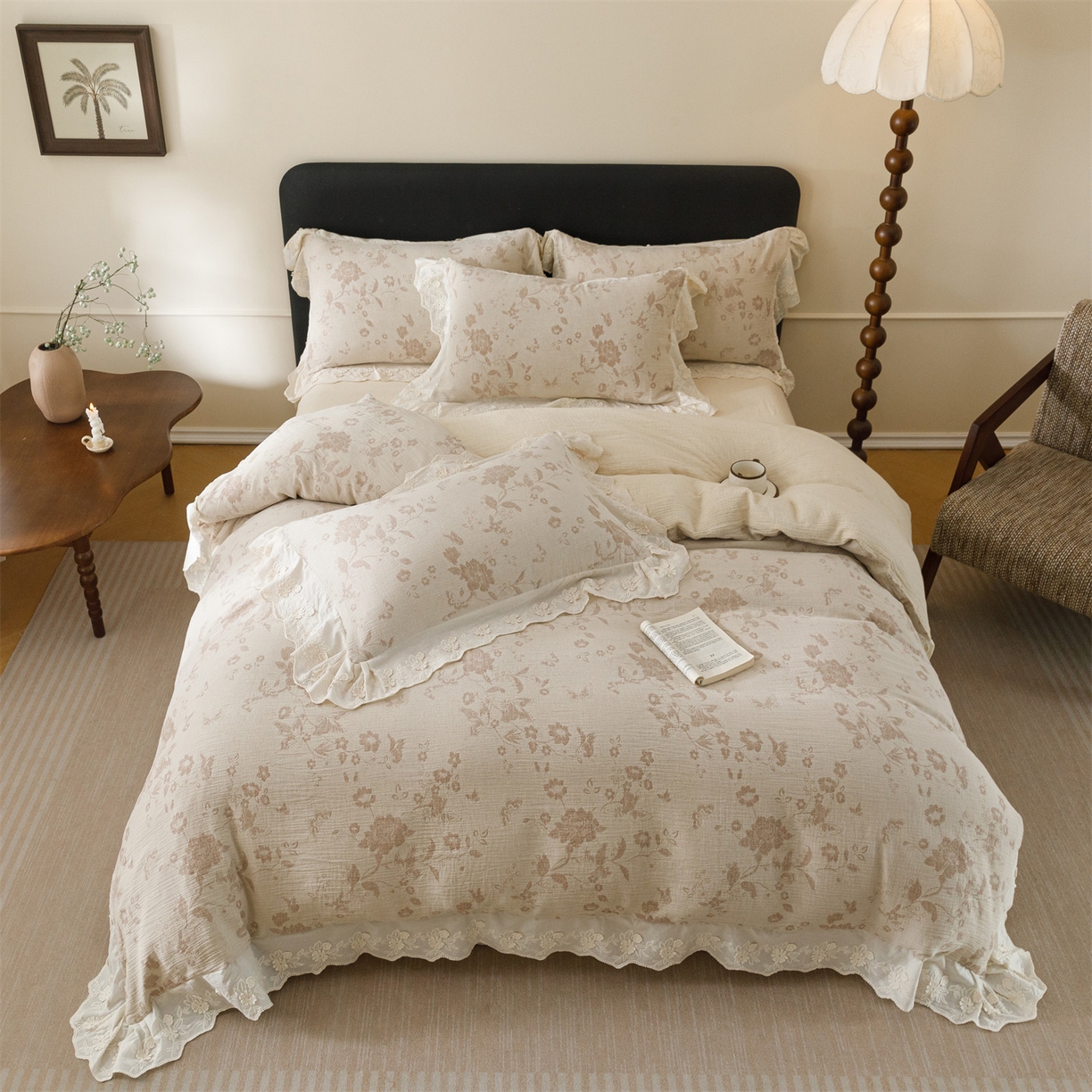 91家纺网 家纺一手货源 找家纺 瑞米家居 2026新款A类棉麻提花花边款四件套-花蝶轻舞 花蝶轻舞-红咖