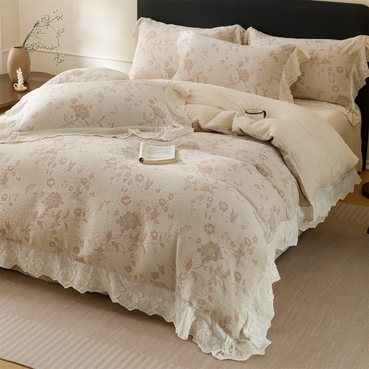 91家纺网 家纺一手货源 找家纺 瑞米家居 2026新款A类棉麻提花花边款四件套-花蝶轻舞 花蝶轻舞-红咖