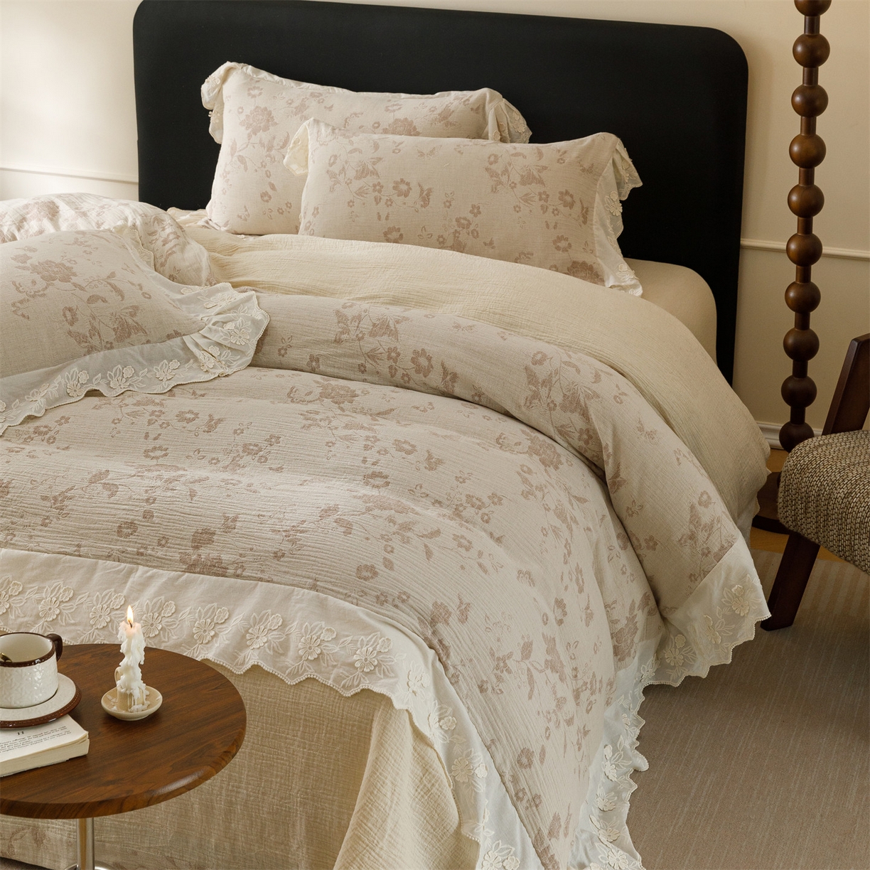 91家纺网 家纺一手货源 找家纺 瑞米家居 2026新款A类棉麻提花花边款四件套-花蝶轻舞 花蝶轻舞-红咖