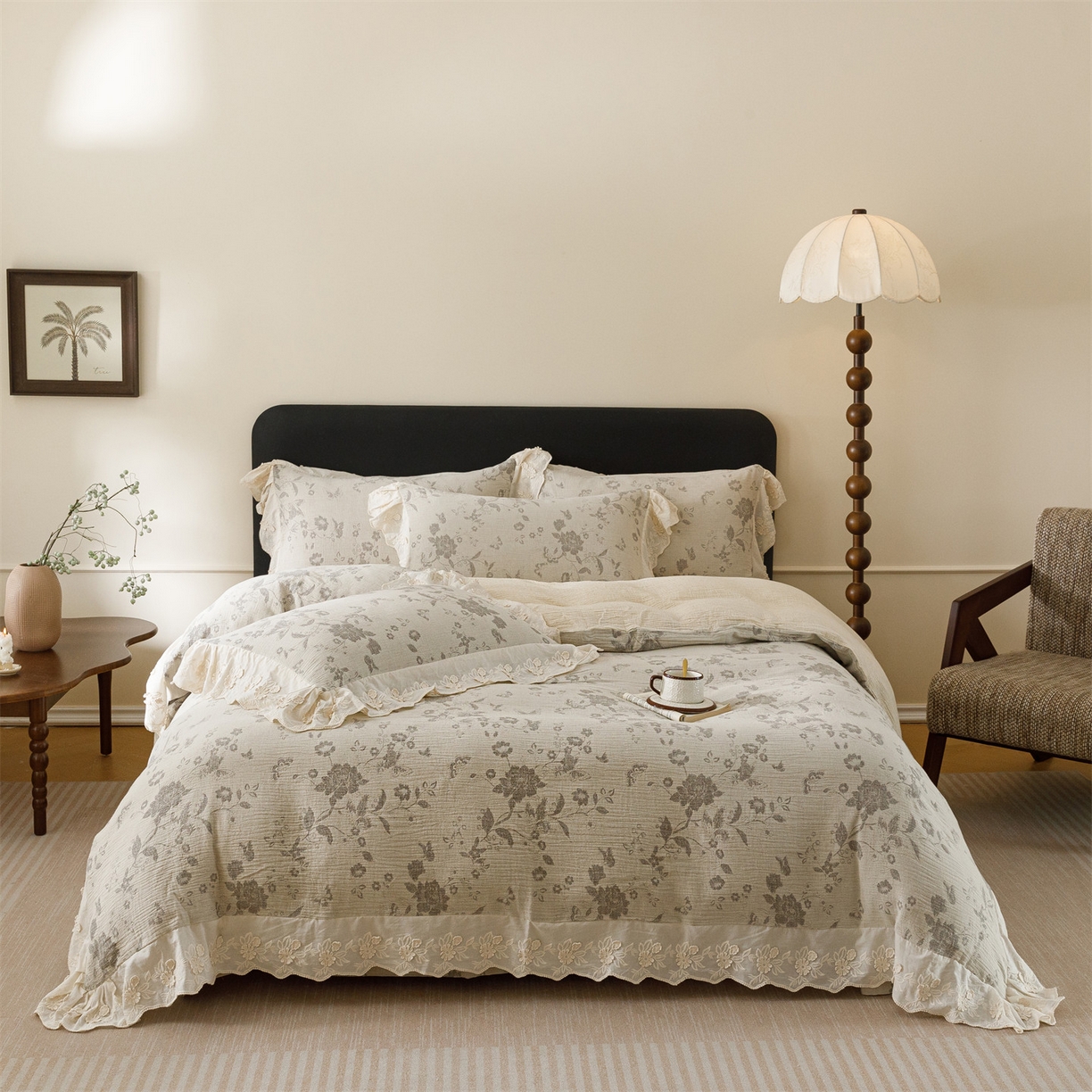 91家纺网 家纺一手货源 找家纺 瑞米家居 2026新款A类棉麻提花花边款四件套-花蝶轻舞 花蝶轻舞-中灰