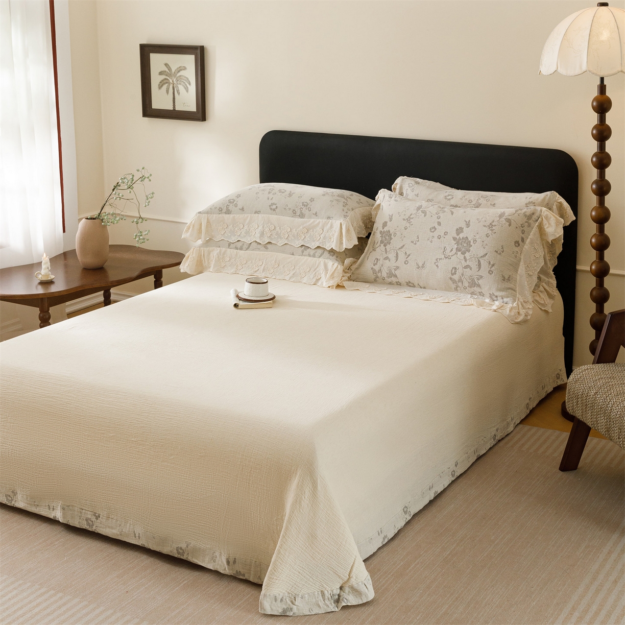 91家纺网 家纺一手货源 找家纺 瑞米家居 2026新款A类棉麻提花花边款四件套-花蝶轻舞 花蝶轻舞-中灰