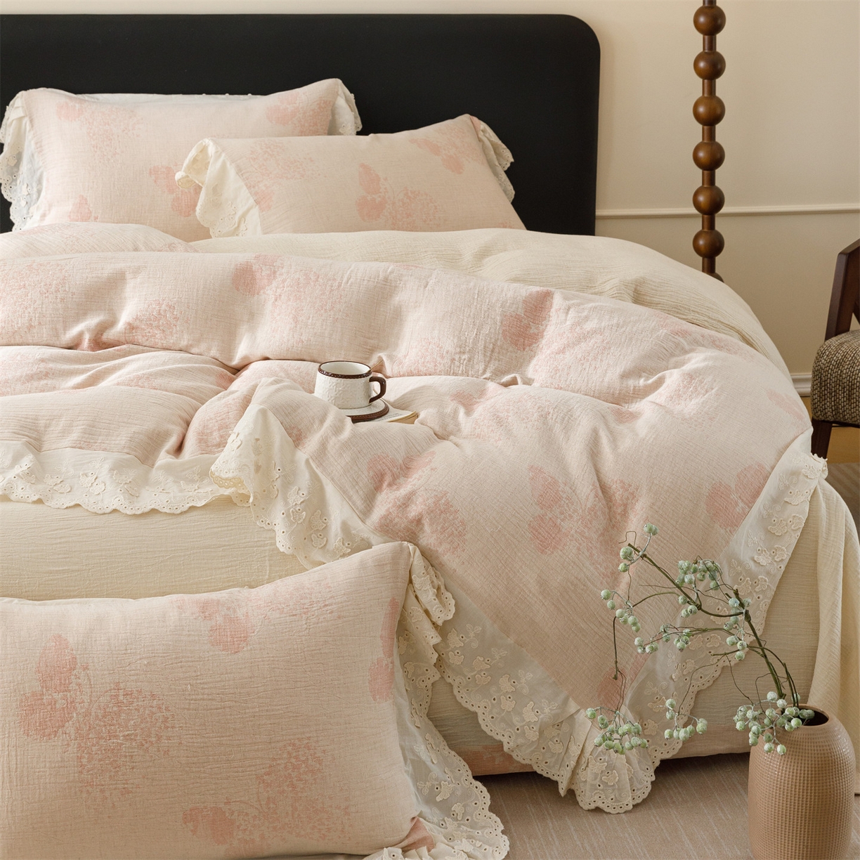 91家纺网 家纺一手货源 找家纺 （总）瑞米家居 2026新款A类棉麻提花花边款四件套-翩然乐语