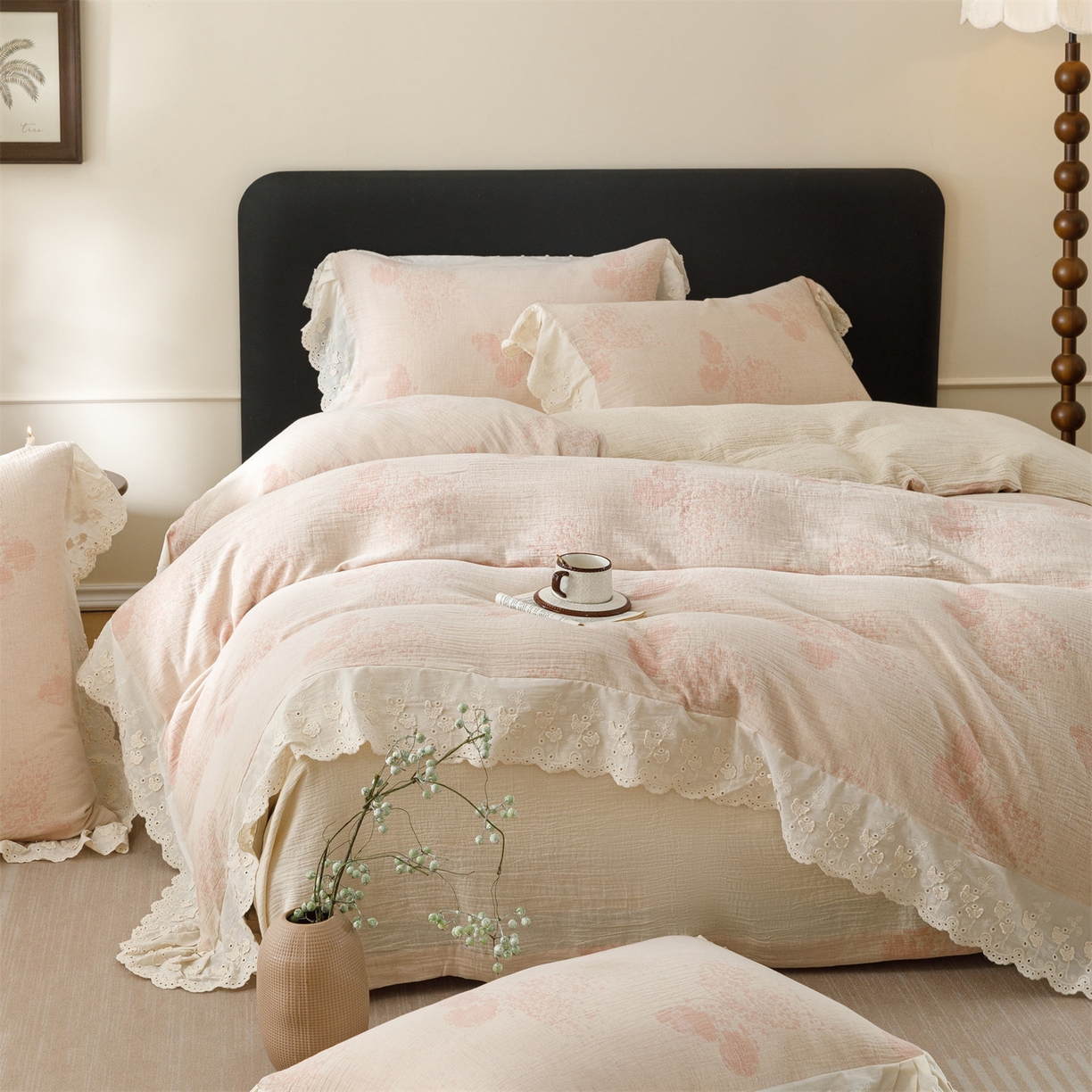 91家纺网 家纺一手货源 找家纺 （总）瑞米家居 2026新款A类棉麻提花花边款四件套-翩然乐语