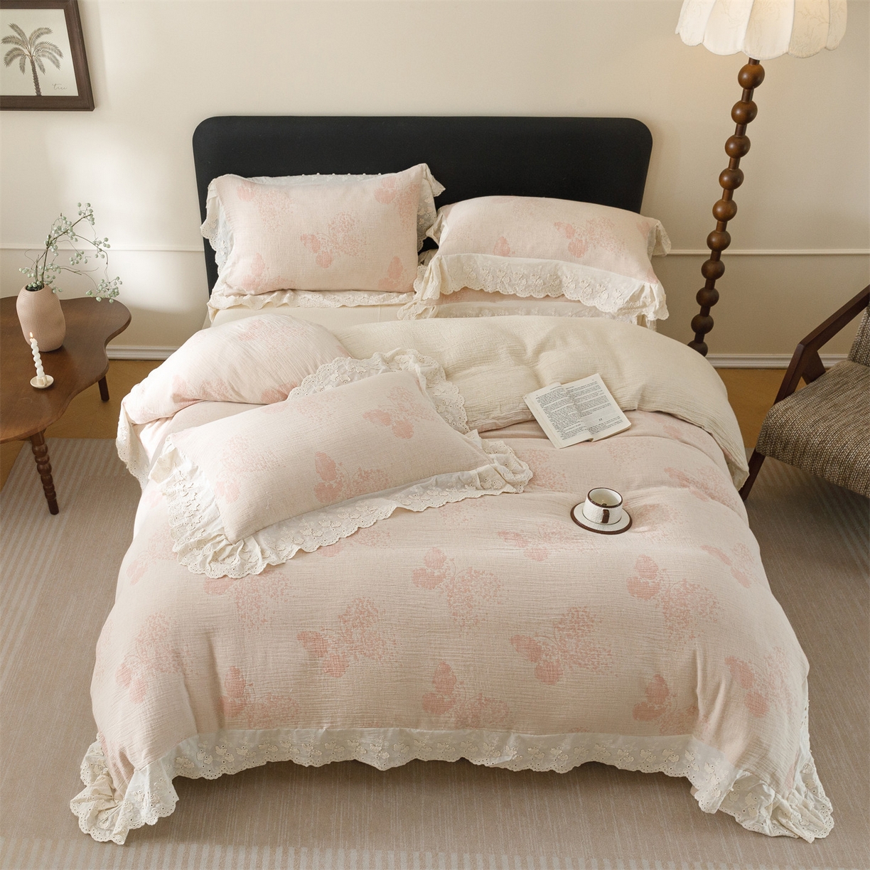 91家纺网 家纺一手货源 找家纺 （总）瑞米家居 2026新款A类棉麻提花花边款四件套-翩然乐语