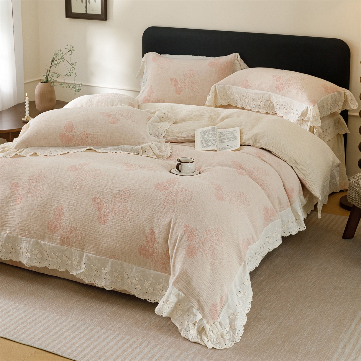 91家纺网 家纺一手货源 找家纺 （总）瑞米家居 2026新款A类棉麻提花花边款四件套-翩然乐语