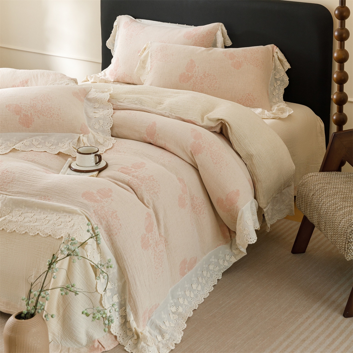 91家纺网 家纺一手货源 找家纺 （总）瑞米家居 2026新款A类棉麻提花花边款四件套-翩然乐语