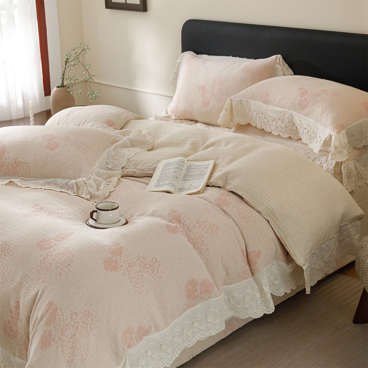 91家纺网 家纺一手货源 找家纺 （总）瑞米家居 2026新款A类棉麻提花花边款四件套-翩然乐语