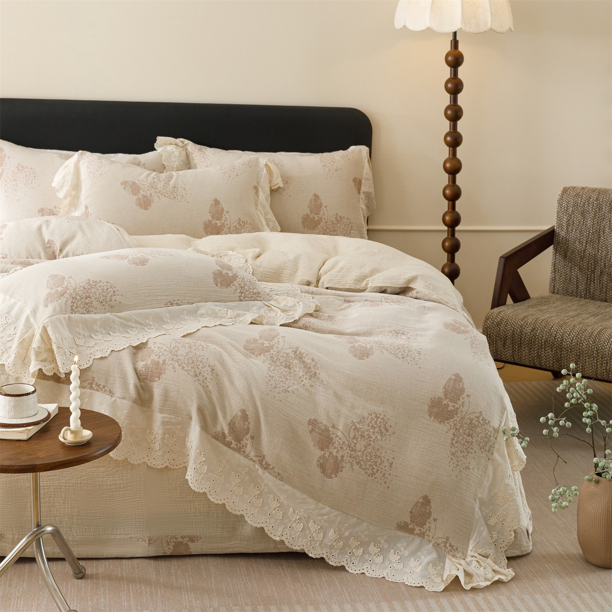 91家纺网 家纺一手货源 找家纺 （总）瑞米家居 2026新款A类棉麻提花花边款四件套-翩然乐语