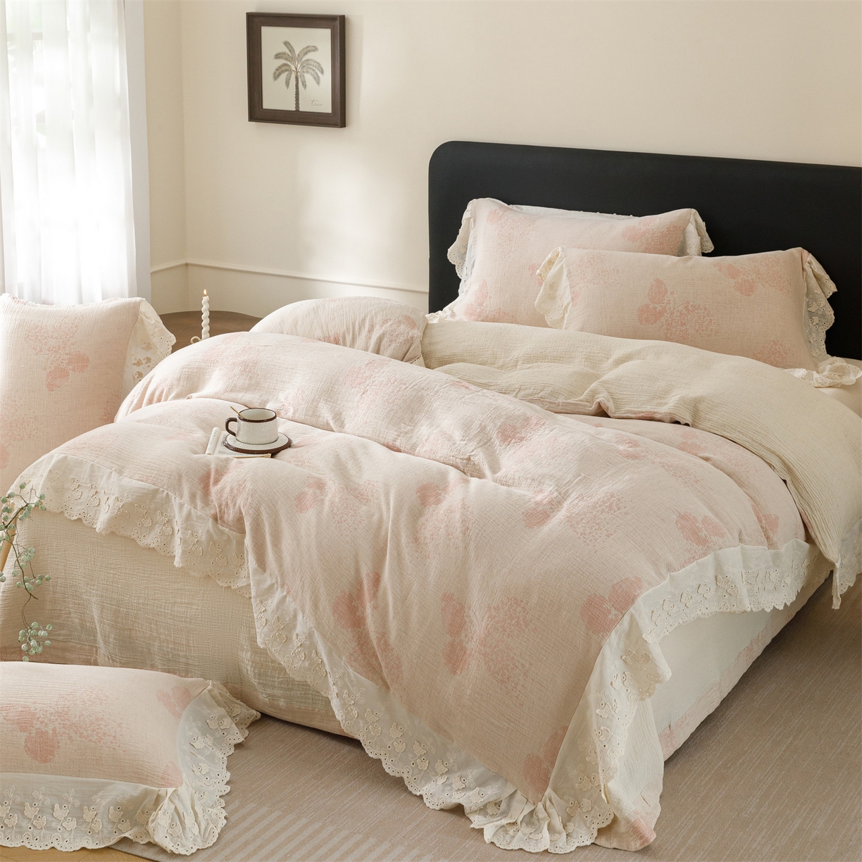 91家纺网 家纺一手货源 找家纺 瑞米家居 2026新款A类棉麻提花花边款四件套-翩然乐语 翩然乐语-粉