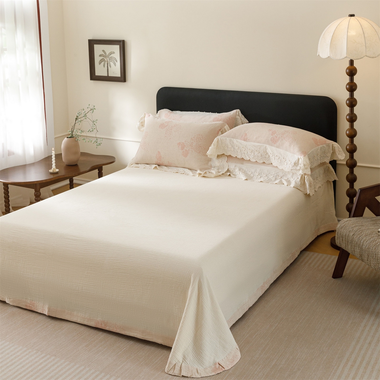 91家纺网 家纺一手货源 找家纺 瑞米家居 2026新款A类棉麻提花花边款四件套-翩然乐语 翩然乐语-粉