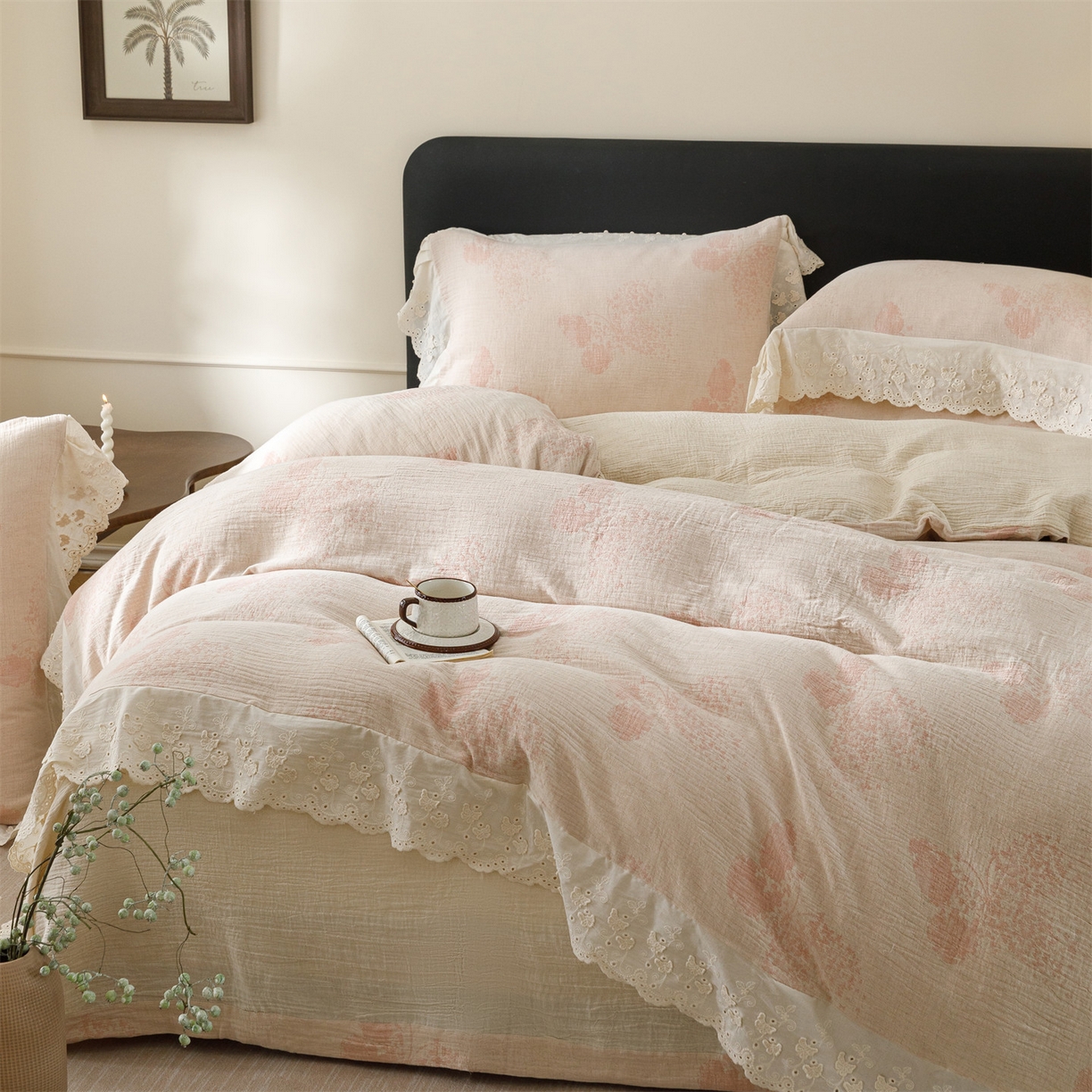 91家纺网 家纺一手货源 找家纺 瑞米家居 2026新款A类棉麻提花花边款四件套-翩然乐语 翩然乐语-粉