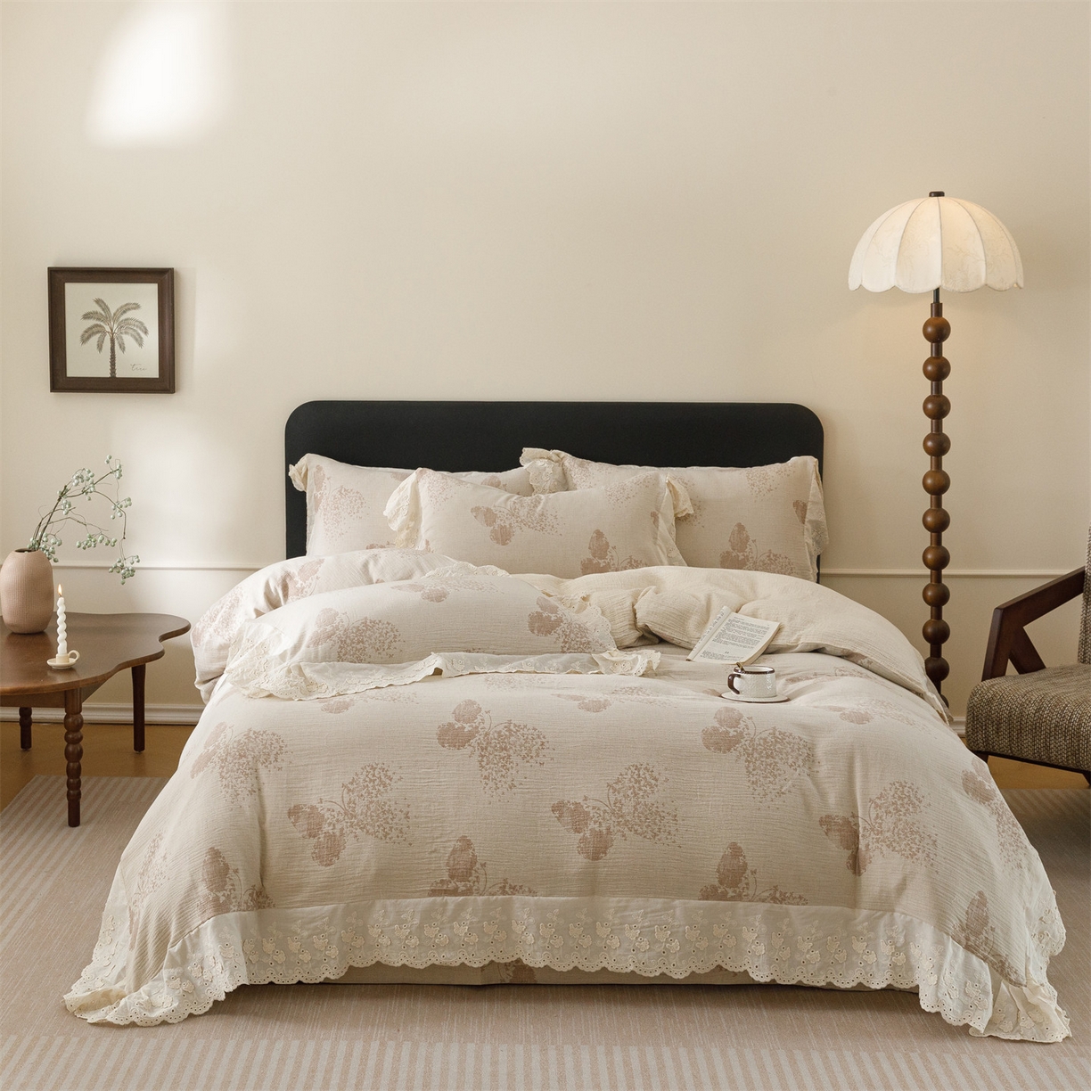 91家纺网 家纺一手货源 找家纺 瑞米家居 2026新款A类棉麻提花花边款四件套-翩然乐语 翩然乐语-红咖