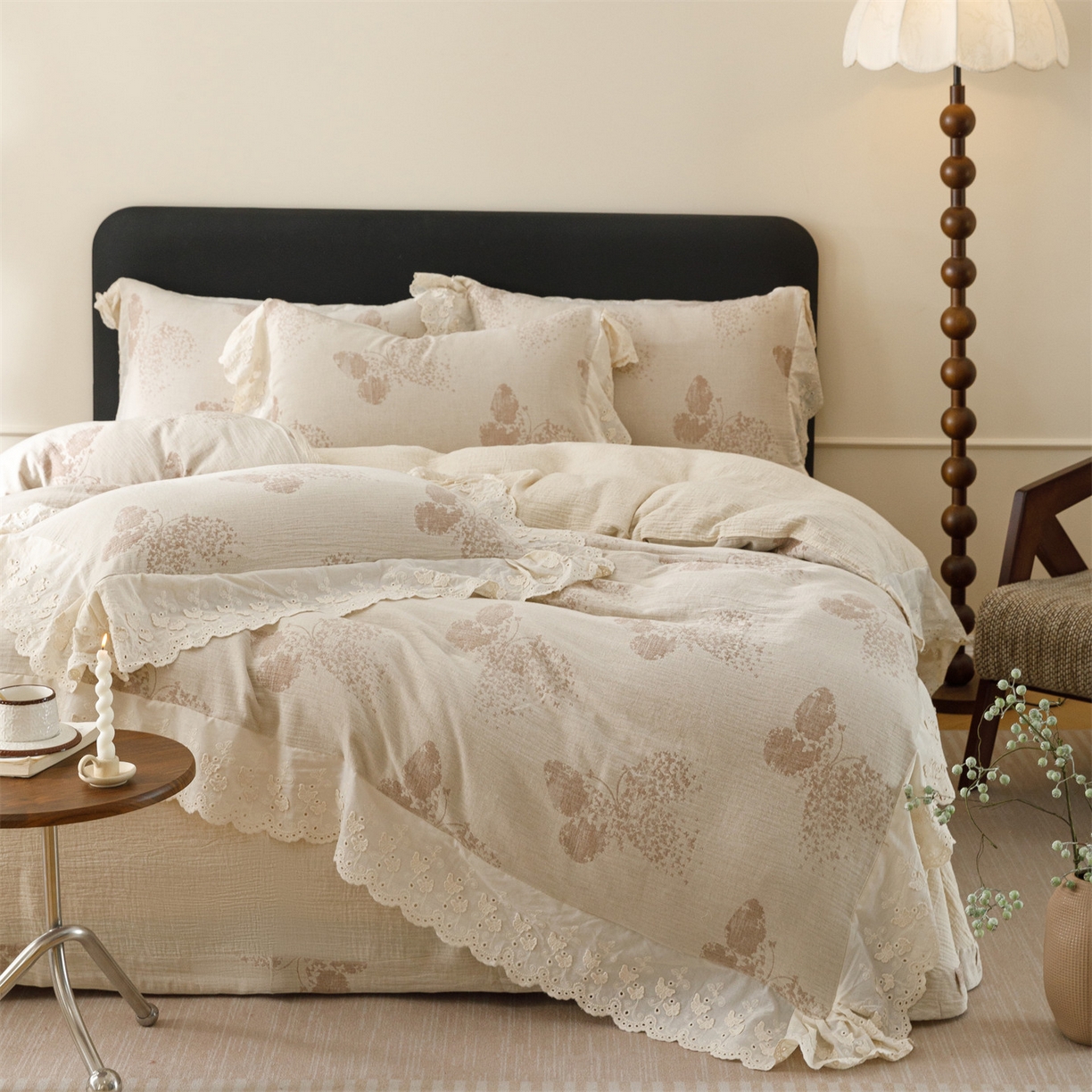 91家纺网 家纺一手货源 找家纺 瑞米家居 2026新款A类棉麻提花花边款四件套-翩然乐语 翩然乐语-红咖