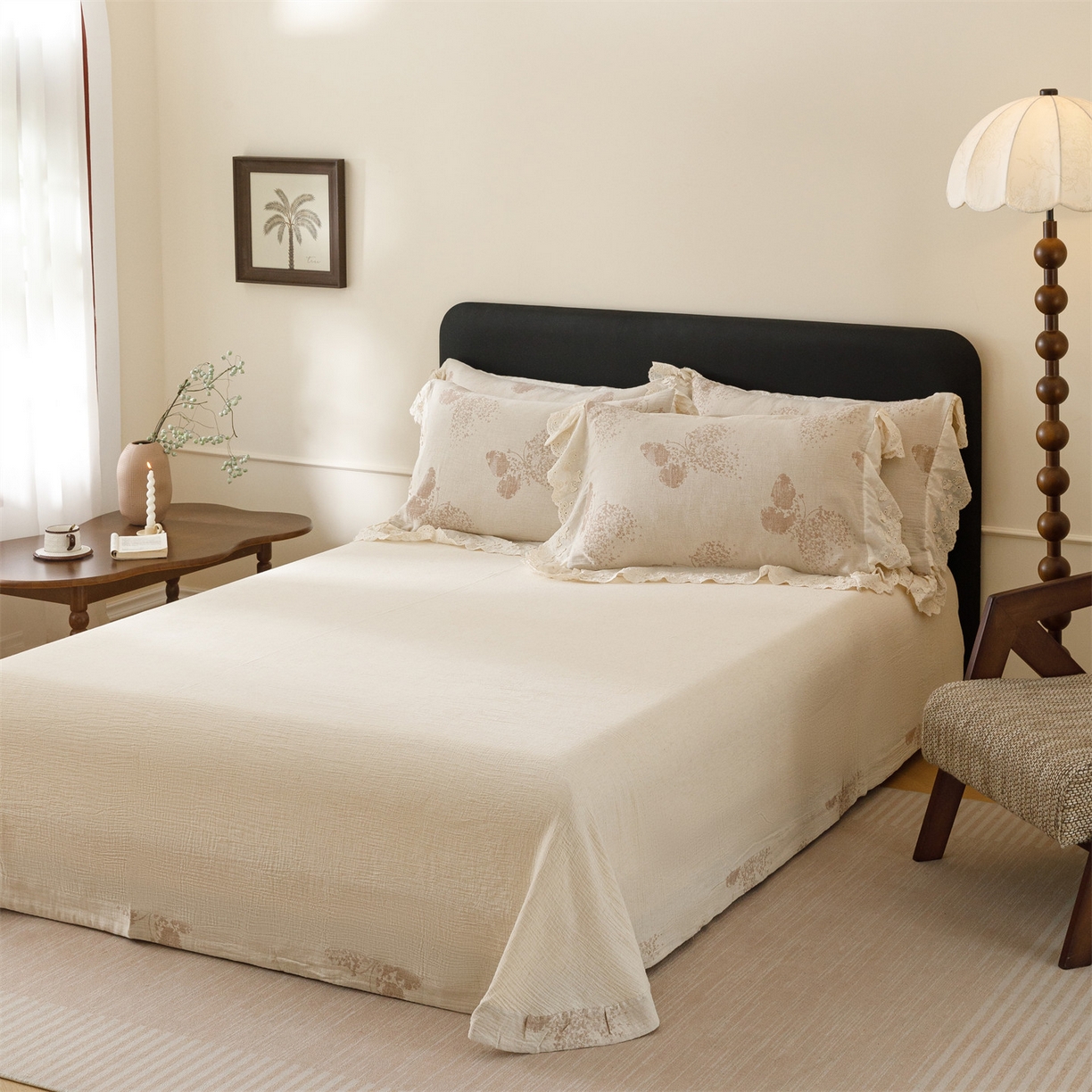 91家纺网 家纺一手货源 找家纺 瑞米家居 2026新款A类棉麻提花花边款四件套-翩然乐语 翩然乐语-红咖