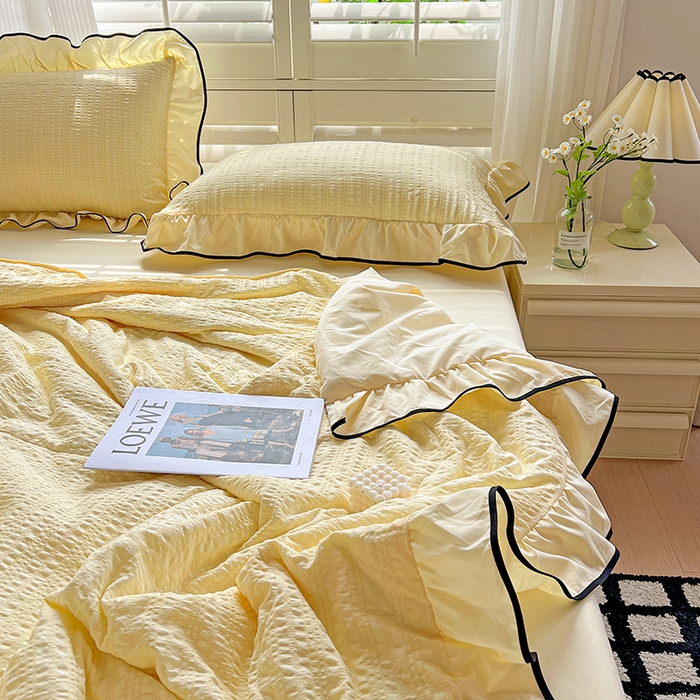 91家纺网 家纺一手货源 找家纺 仟网汇 2026新款赫本纯色泡泡纱花边款夏被夏凉被空调被四件套 起司