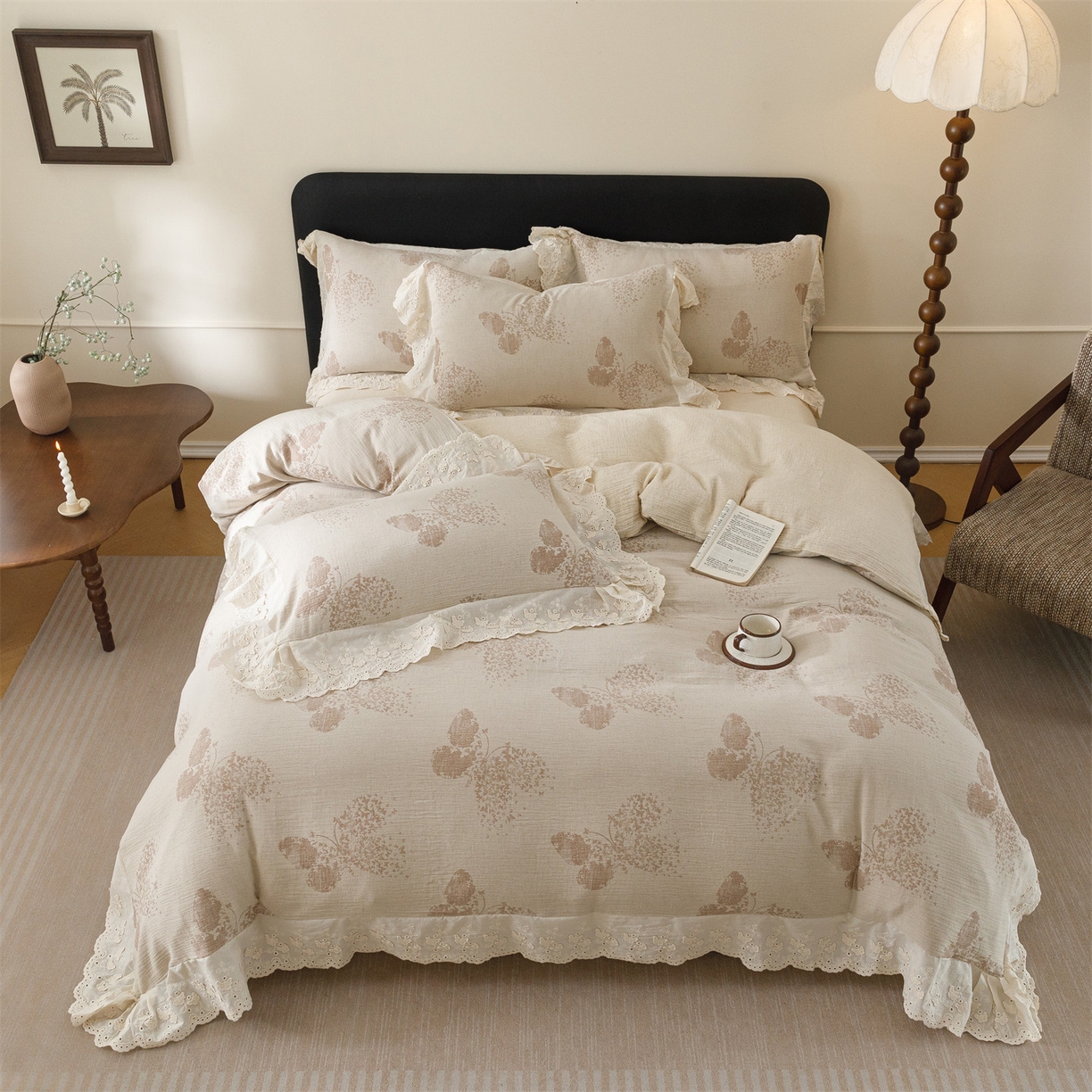 91家纺网 家纺一手货源 找家纺 瑞米家居 2026新款A类棉麻提花花边款四件套-翩然乐语 翩然乐语-红咖