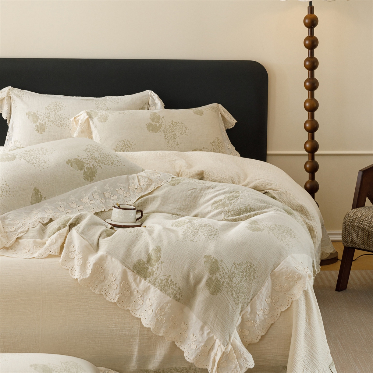瑞米家居 2026新款A类棉麻提花花边款四件套-翩然乐语 翩然乐语-芥末绿