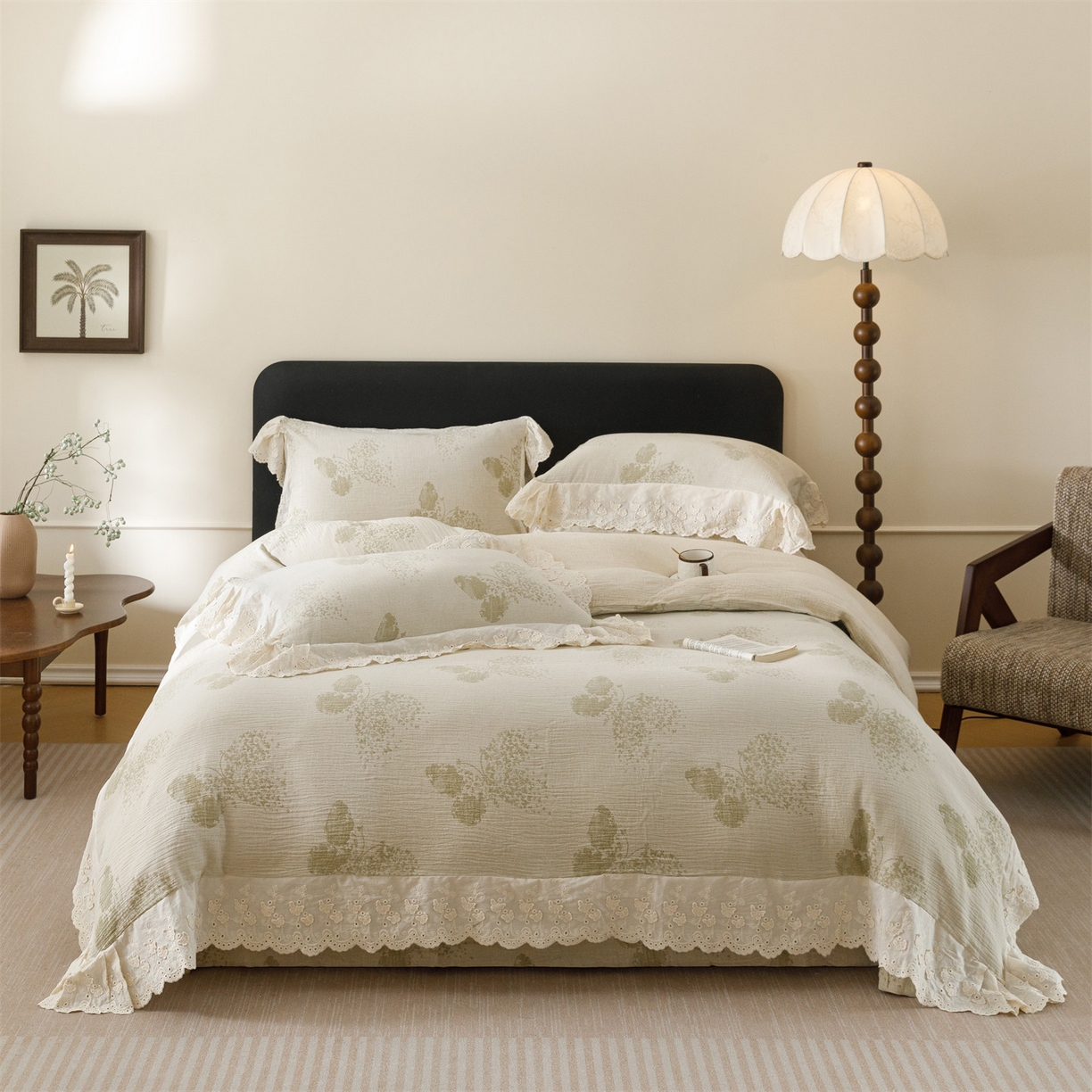 91家纺网 家纺一手货源 找家纺 瑞米家居 2026新款A类棉麻提花花边款四件套-翩然乐语 翩然乐语-芥末绿