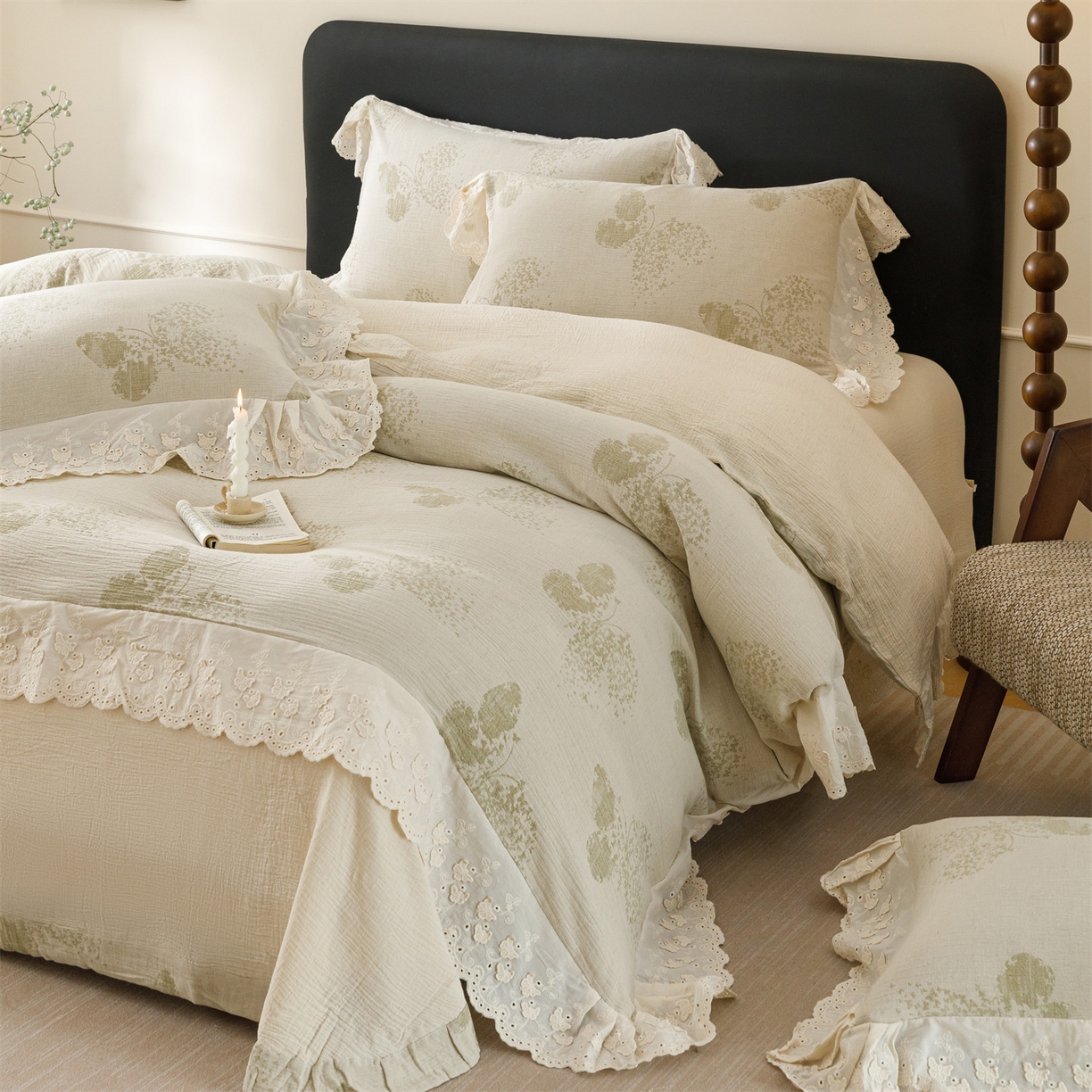 91家纺网 家纺一手货源 找家纺 瑞米家居 2026新款A类棉麻提花花边款四件套-翩然乐语 翩然乐语-芥末绿