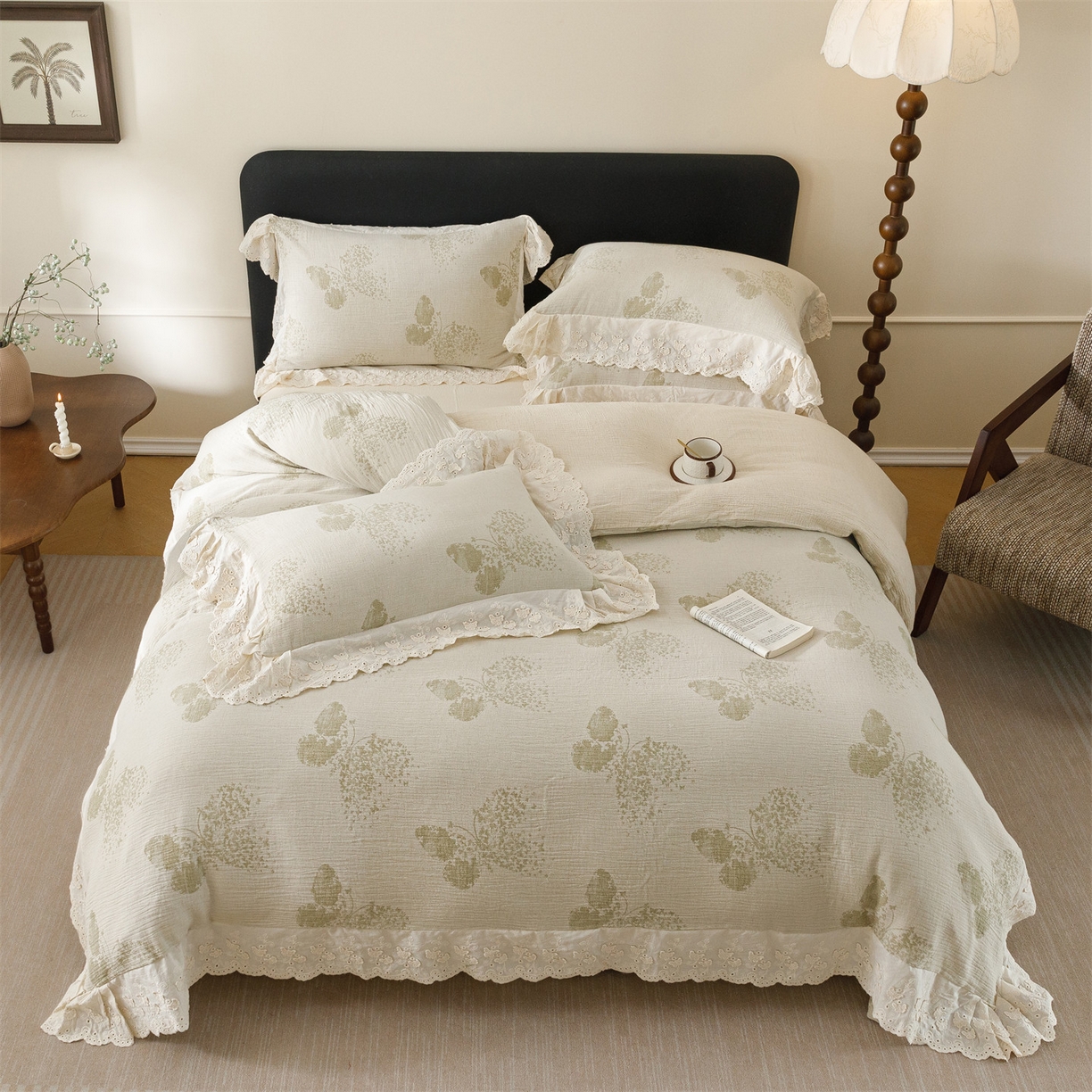 91家纺网 家纺一手货源 找家纺 瑞米家居 2026新款A类棉麻提花花边款四件套-翩然乐语 翩然乐语-芥末绿