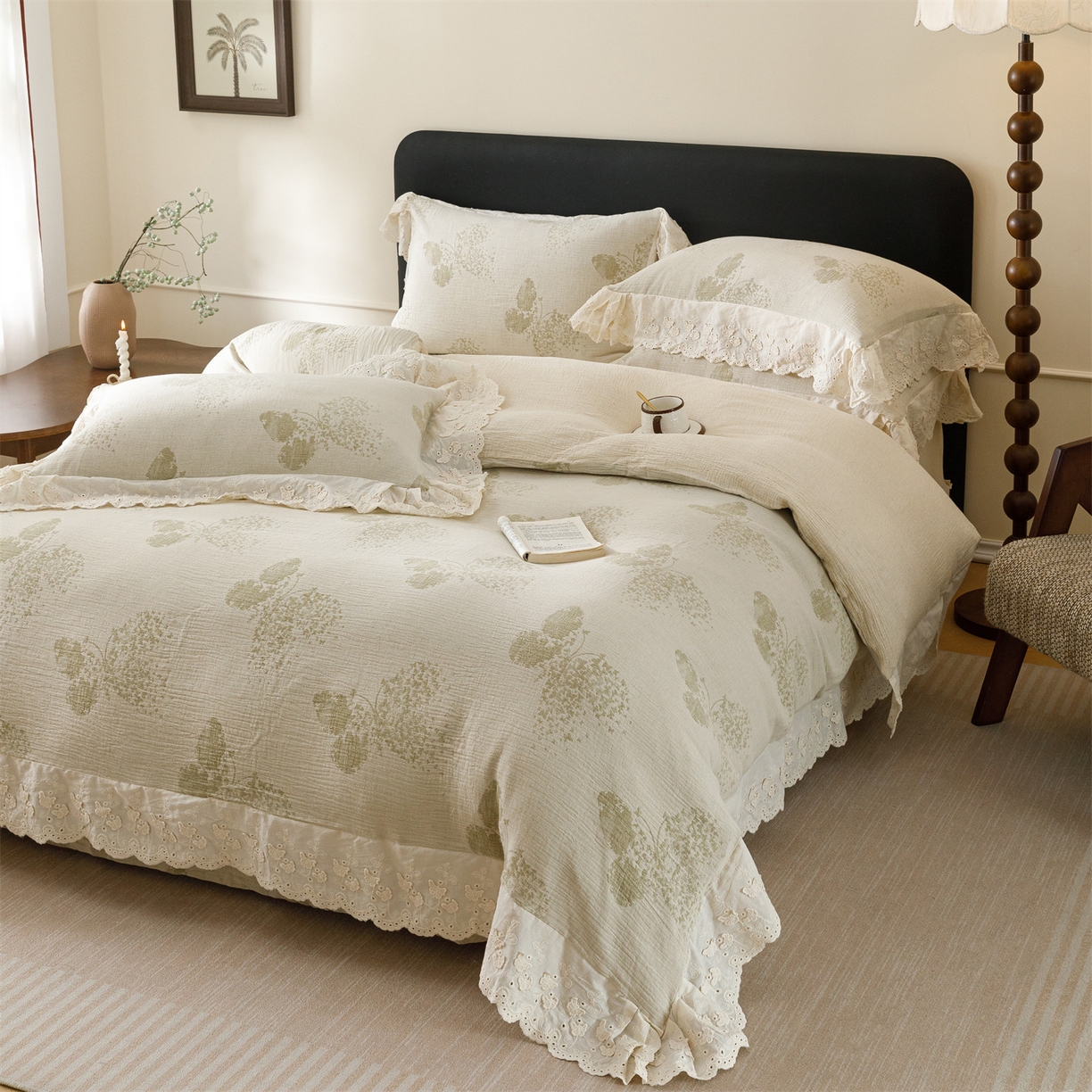 91家纺网 家纺一手货源 找家纺 瑞米家居 2026新款A类棉麻提花花边款四件套-翩然乐语 翩然乐语-芥末绿