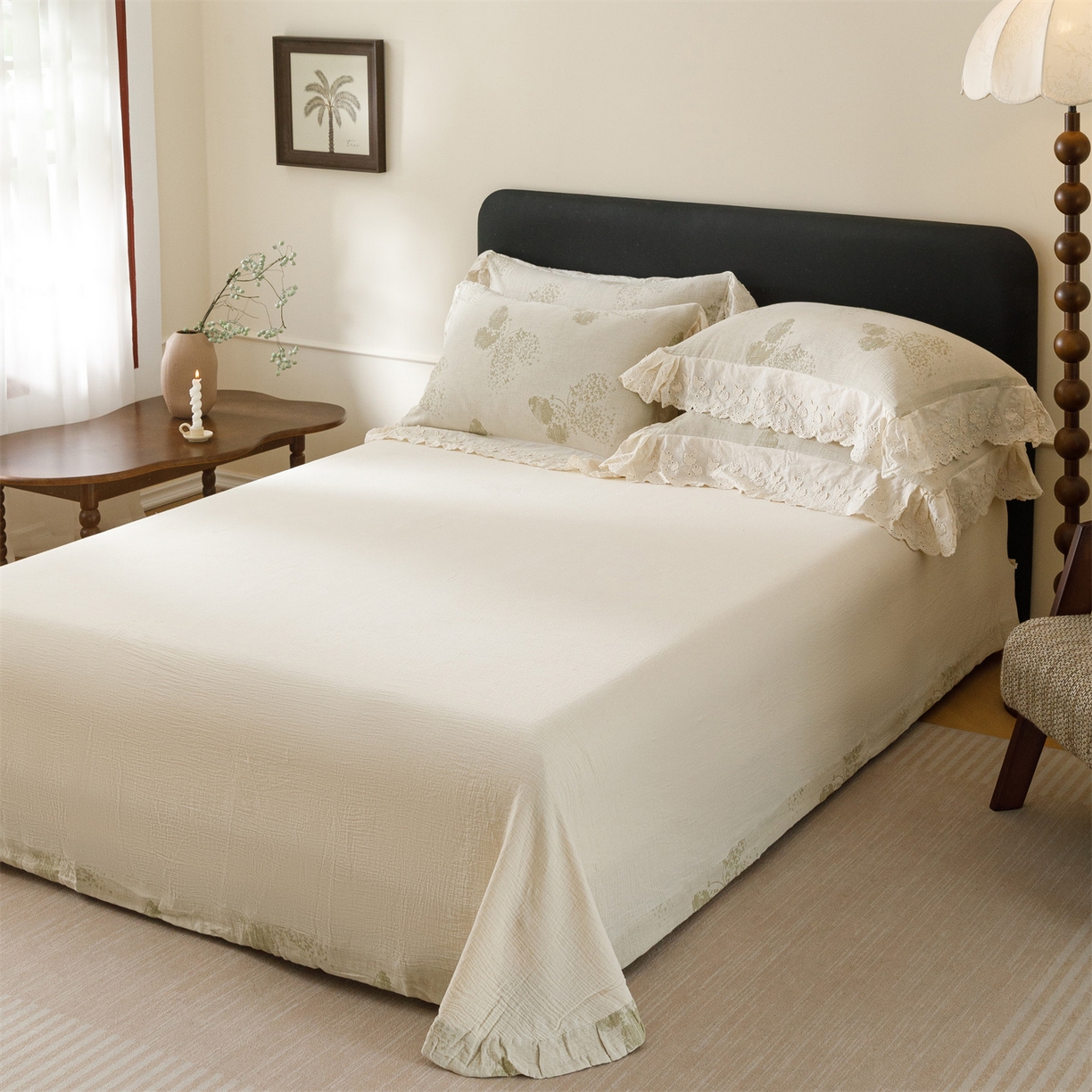 91家纺网 家纺一手货源 找家纺 瑞米家居 2026新款A类棉麻提花花边款四件套-翩然乐语 翩然乐语-芥末绿