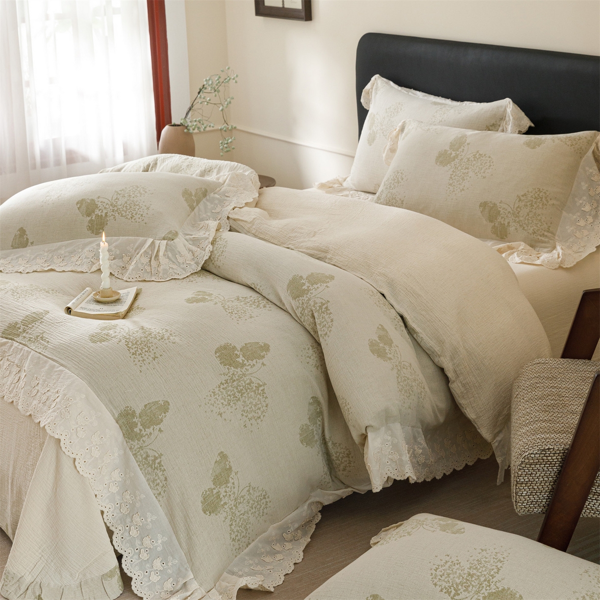 91家纺网 家纺一手货源 找家纺 瑞米家居 2026新款A类棉麻提花花边款四件套-翩然乐语 翩然乐语-芥末绿