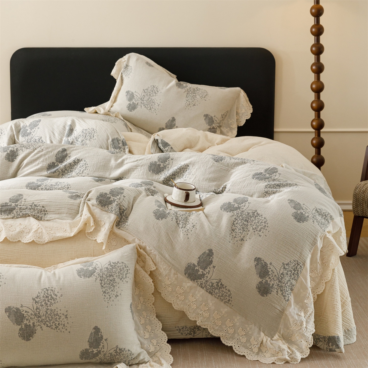 瑞米家居 2026新款A类棉麻提花花边款四件套-翩然乐语 翩然乐语-深灰