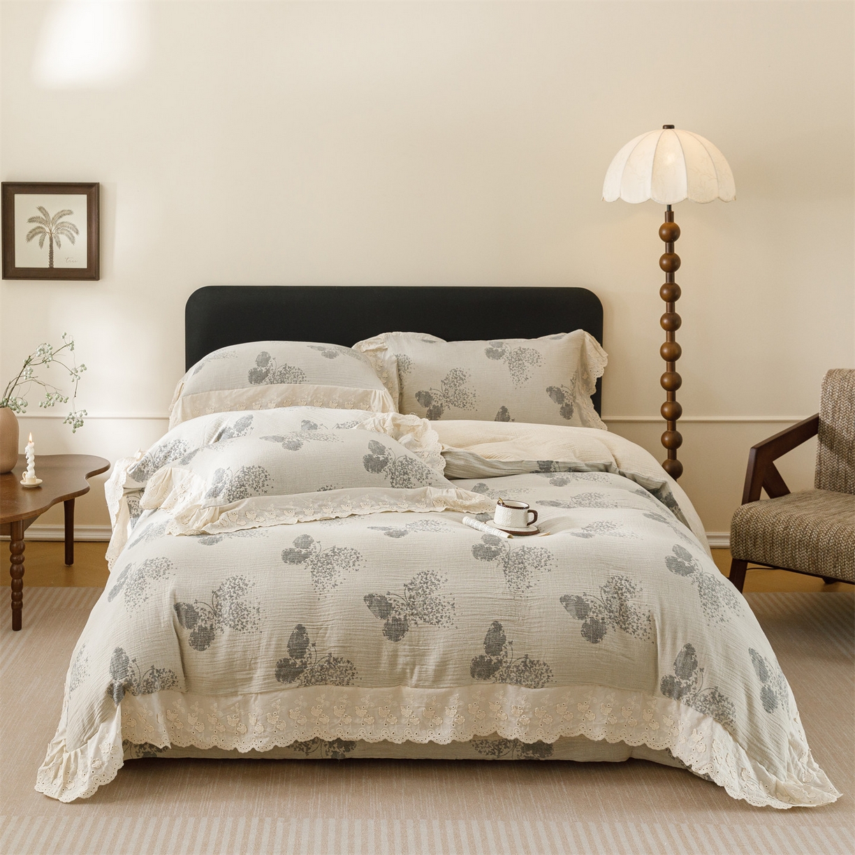 91家纺网 家纺一手货源 找家纺 瑞米家居 2026新款A类棉麻提花花边款四件套-翩然乐语 翩然乐语-深灰