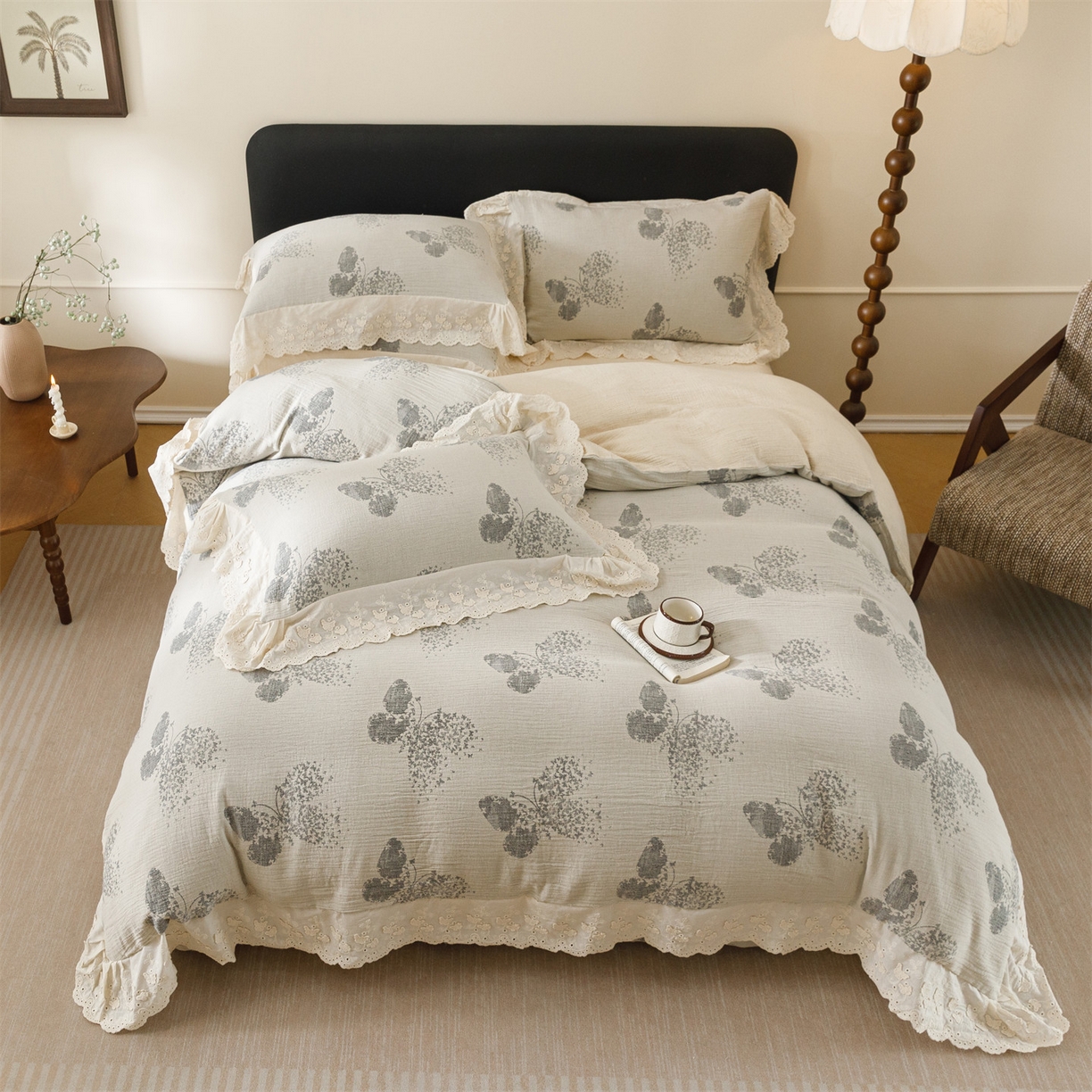 91家纺网 家纺一手货源 找家纺 瑞米家居 2026新款A类棉麻提花花边款四件套-翩然乐语 翩然乐语-深灰