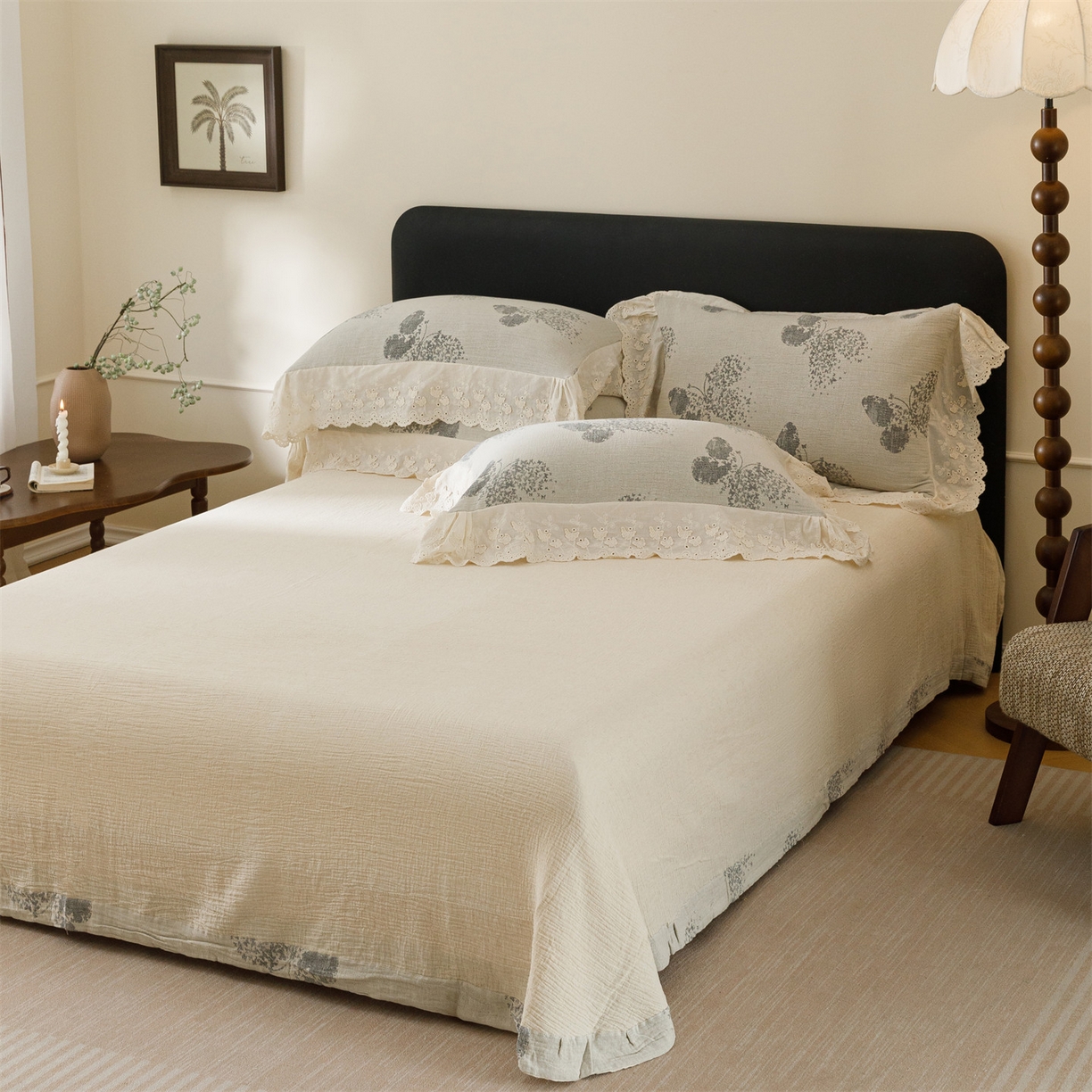 91家纺网 家纺一手货源 找家纺 瑞米家居 2026新款A类棉麻提花花边款四件套-翩然乐语 翩然乐语-深灰