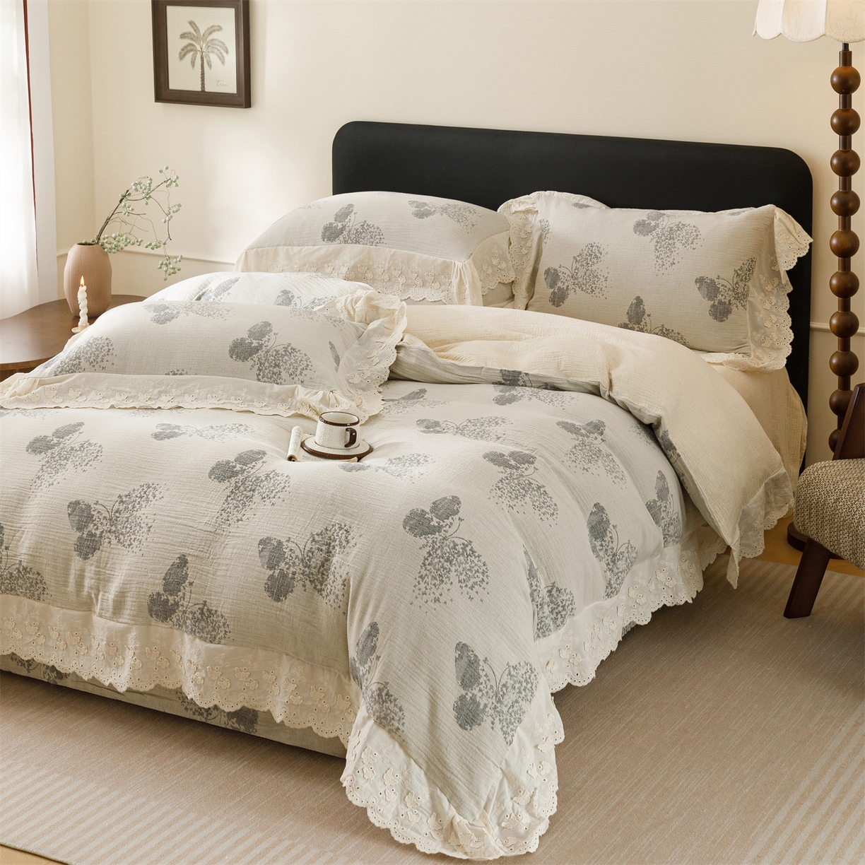 91家纺网 家纺一手货源 找家纺 瑞米家居 2026新款A类棉麻提花花边款四件套-翩然乐语 翩然乐语-深灰