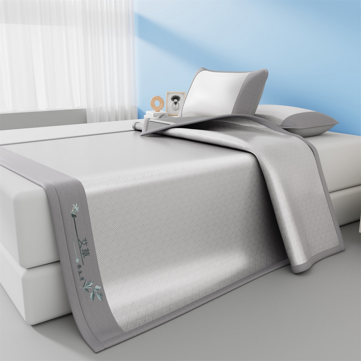 91家纺网 家纺一手货源 找家纺 欧妮家纺 2026新款艾草凉感饼干花冰丝凉席席子凉席 饼干花冰丝席-灰色