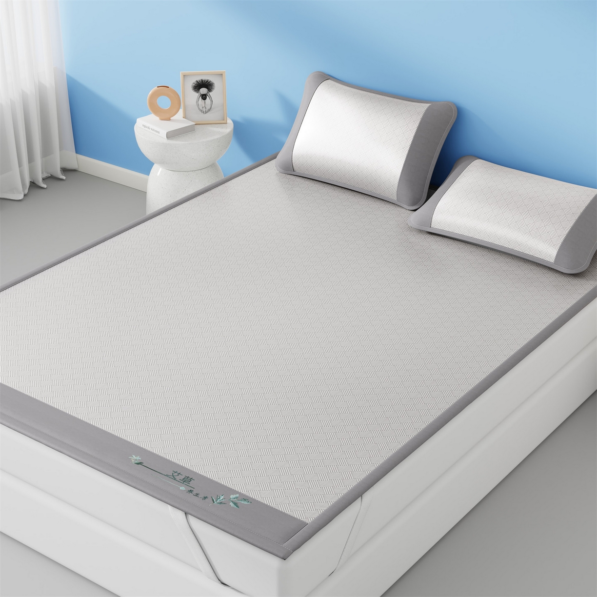 91家纺网 家纺一手货源 找家纺 欧妮家纺 2026新款艾草凉感饼干花冰丝凉席席子凉席 饼干花冰丝席-灰色