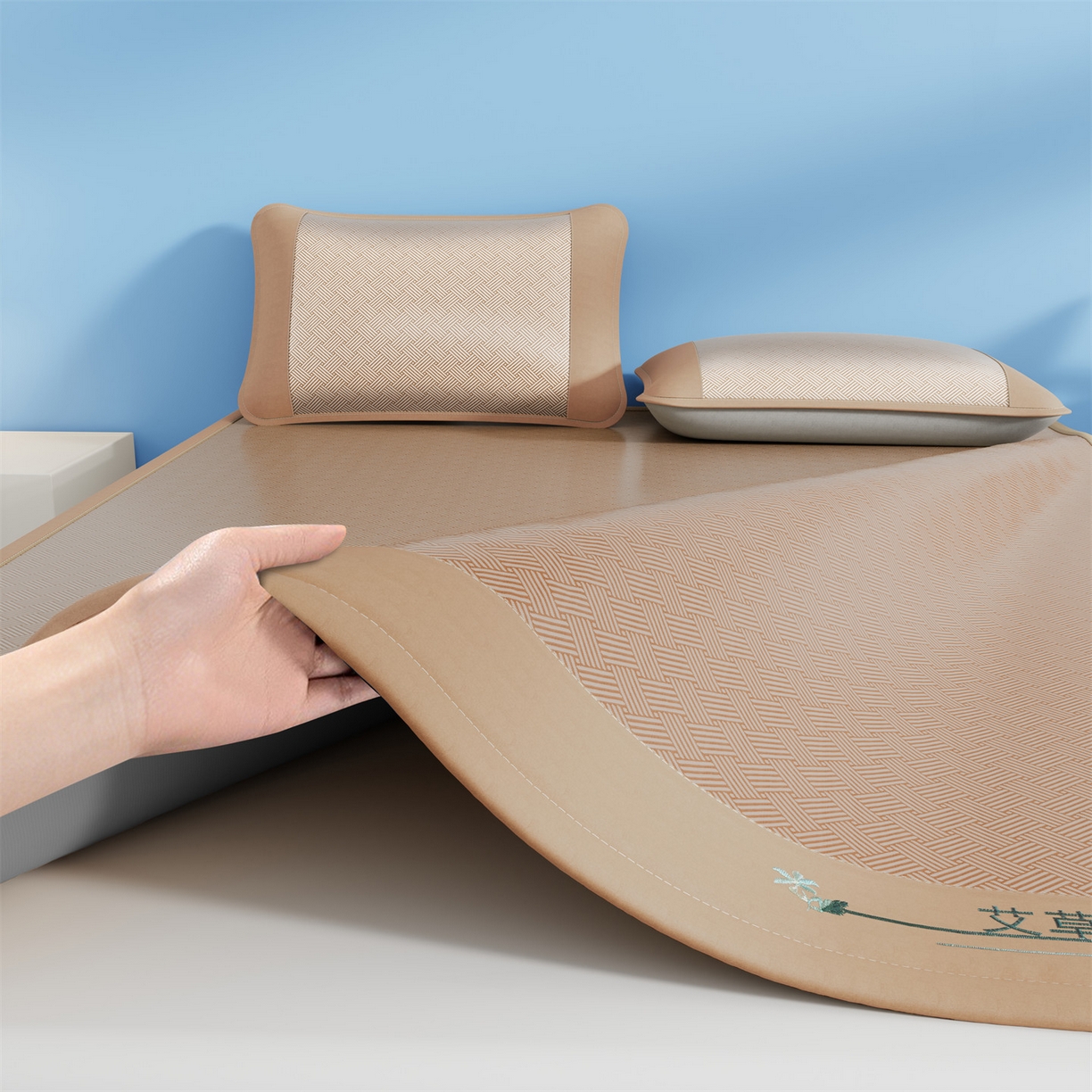 欧妮家纺 2026新款艾草凉感饼干花冰丝凉席席子凉席 饼干花冰丝席-咖色