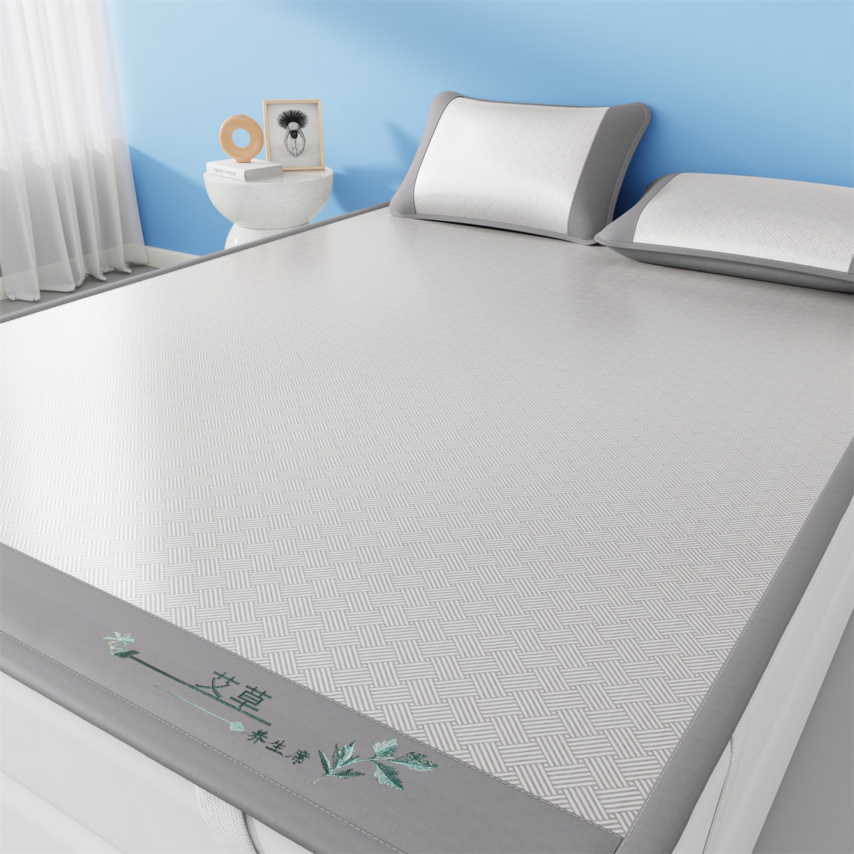 91家纺网 家纺一手货源 找家纺 欧妮家纺 2026新款艾草凉感饼干花冰丝凉席席子凉席 饼干花冰丝席-灰色