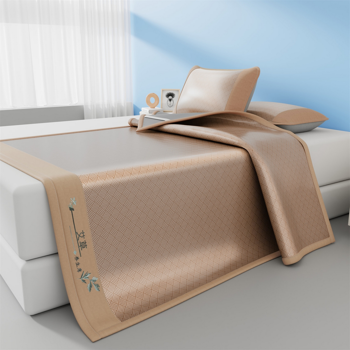 91家纺网 家纺一手货源 找家纺 欧妮家纺 2026新款艾草凉感饼干花冰丝凉席席子凉席 饼干花冰丝席-咖色