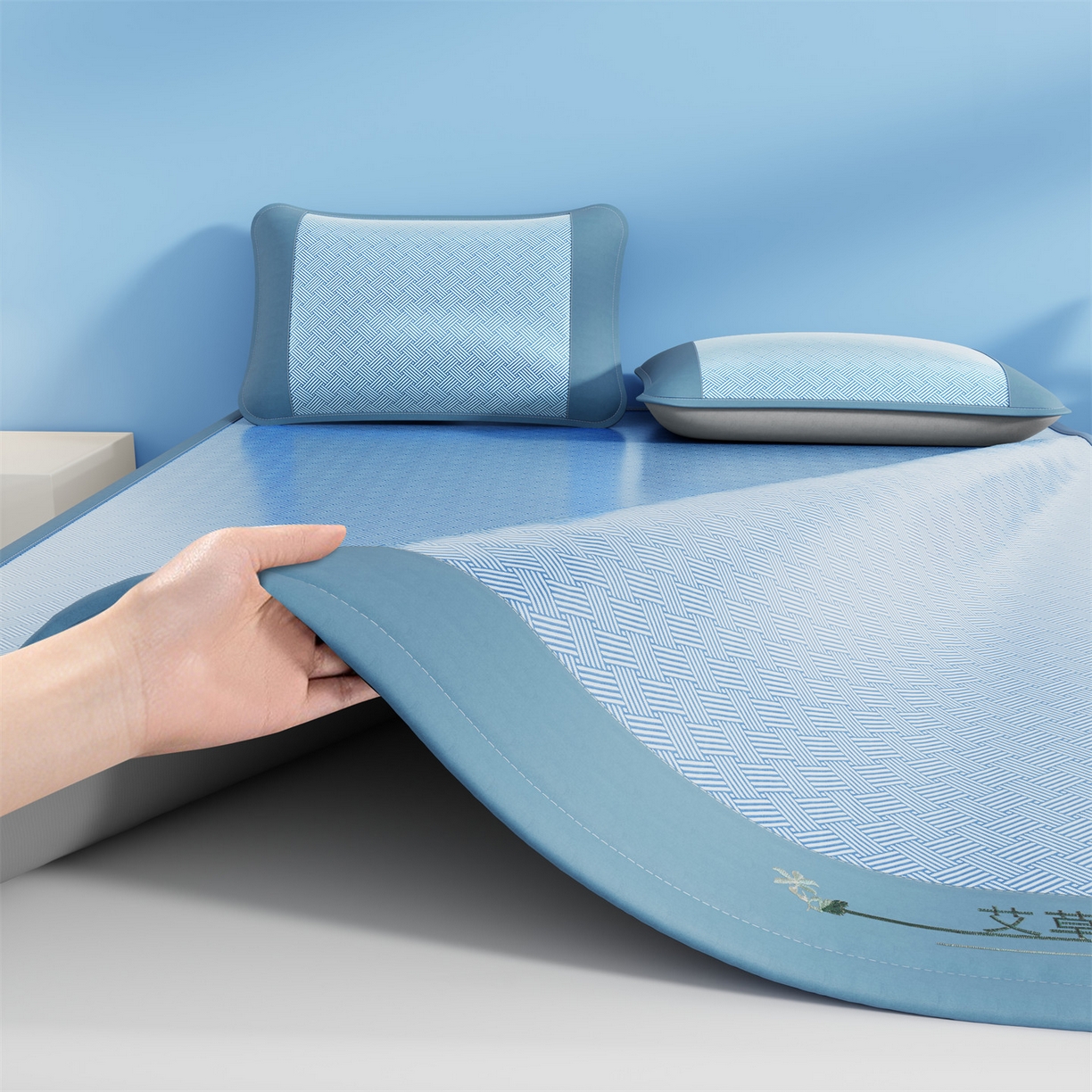 欧妮家纺 2026新款艾草凉感饼干花冰丝凉席席子凉席 饼干花冰丝席-蓝色