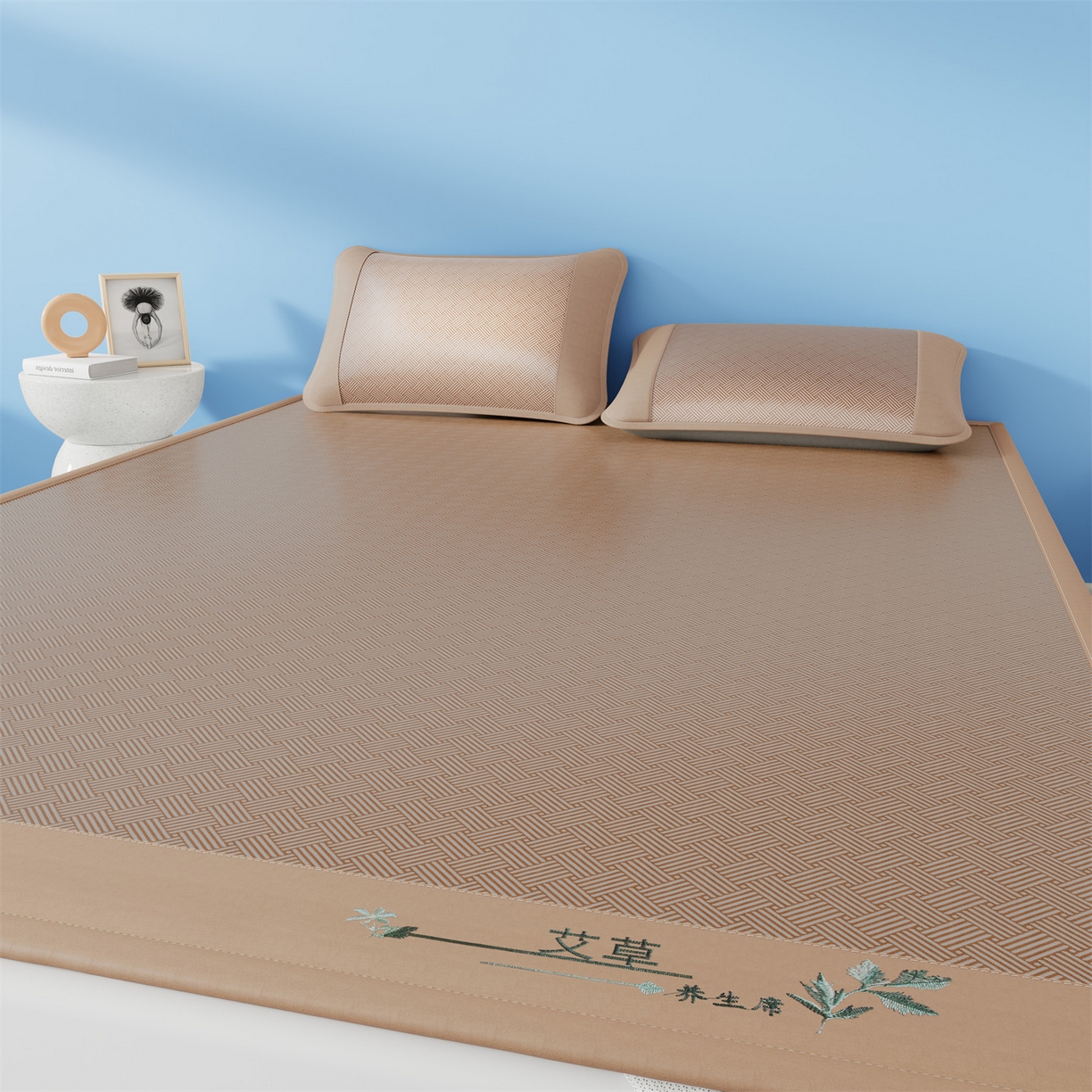 91家纺网 家纺一手货源 找家纺 欧妮家纺 2026新款艾草凉感饼干花冰丝凉席席子凉席 饼干花冰丝席-咖色