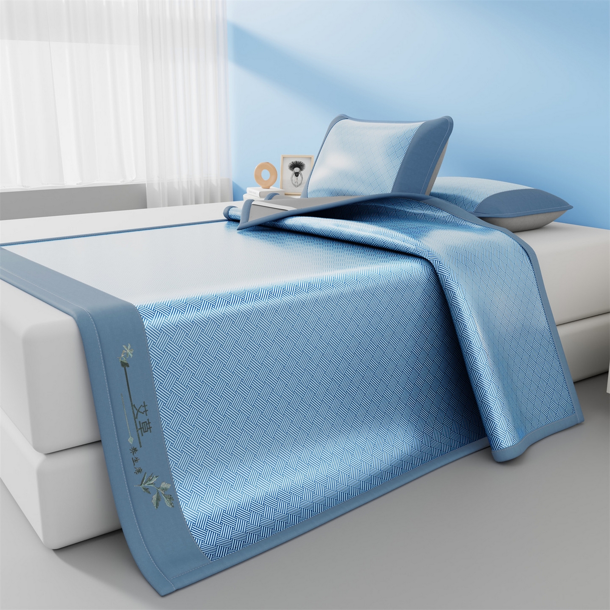 91家纺网 家纺一手货源 找家纺 欧妮家纺 2026新款艾草凉感饼干花冰丝凉席席子凉席 饼干花冰丝席-蓝色