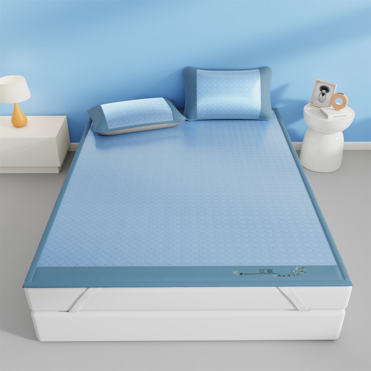 91家纺网 家纺一手货源 找家纺 欧妮家纺 2026新款艾草凉感饼干花冰丝凉席席子凉席 饼干花冰丝席-蓝色