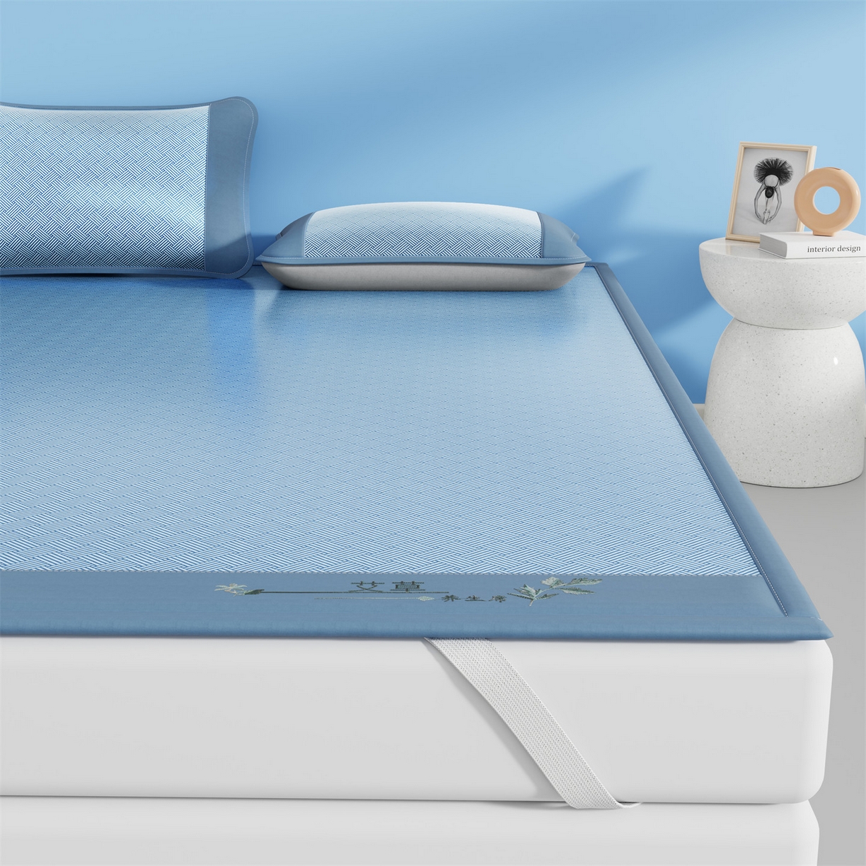 91家纺网 家纺一手货源 找家纺 欧妮家纺 2026新款艾草凉感饼干花冰丝凉席席子凉席 饼干花冰丝席-蓝色