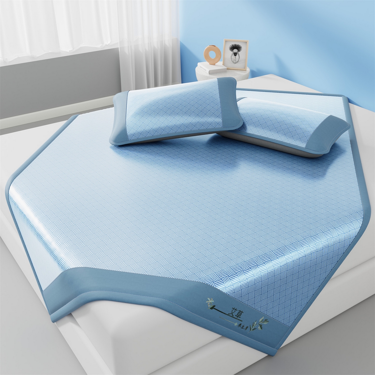 91家纺网 家纺一手货源 找家纺 欧妮家纺 2026新款艾草凉感饼干花冰丝凉席席子凉席 饼干花冰丝席-蓝色