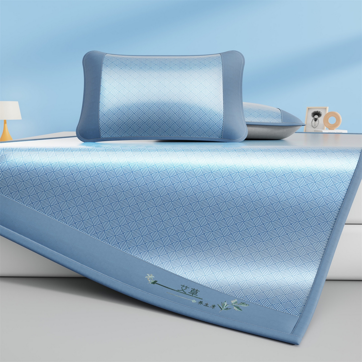 91家纺网 家纺一手货源 找家纺 欧妮家纺 2026新款艾草凉感饼干花冰丝凉席席子凉席 饼干花冰丝席-蓝色