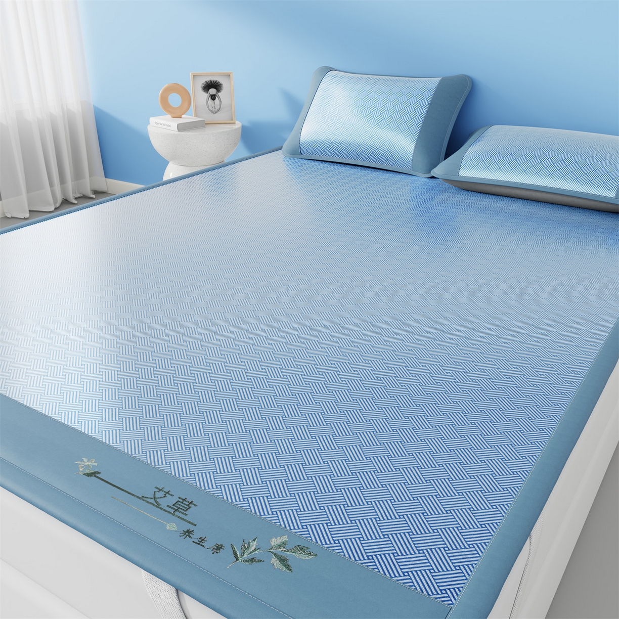 91家纺网 家纺一手货源 找家纺 欧妮家纺 2026新款艾草凉感饼干花冰丝凉席席子凉席 饼干花冰丝席-蓝色